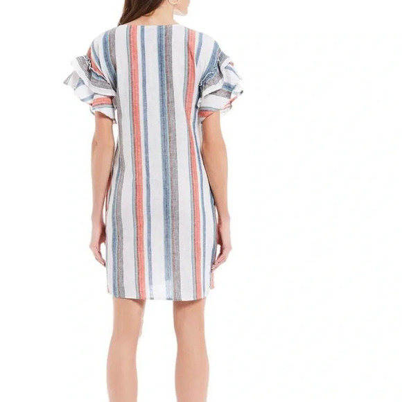 Chelsea & Theodore Short Double Ruffle Sleeve V-Neck Striped Linen Dress - Picture 2 of 9